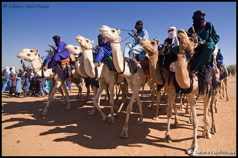 bianou-7c.jpg - Lors de la danse des chameaux (l'ilougan), les femmes battent le tende (tambour) tandis que les méharis tournent autour d'elles au pas cadencé.
