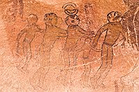 Les têtes rondes  Cette école de peintures est la plus connue parce que son étrangeté et l'atmosphêre ésotérique de compositions nous frappent.  En fait ces peintures sont peu communes et l'extension géographique assez réduite. : djanet sebeiba jabbaren